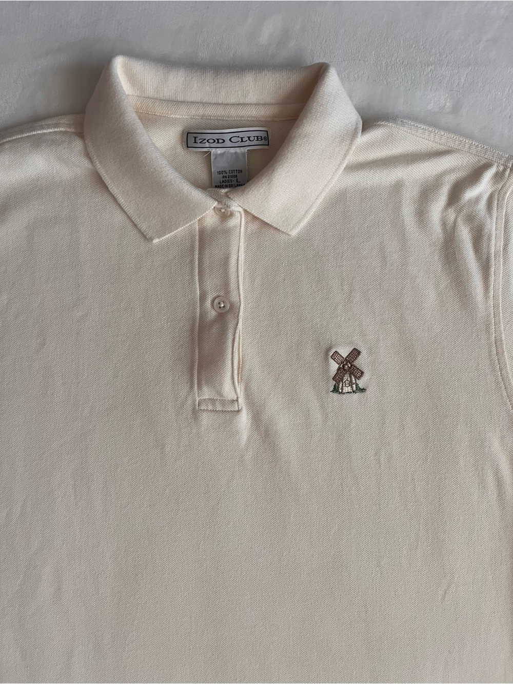 Vintage 90s Izod Club Cotton Polo with Embroidered Windmill Logo in Cream